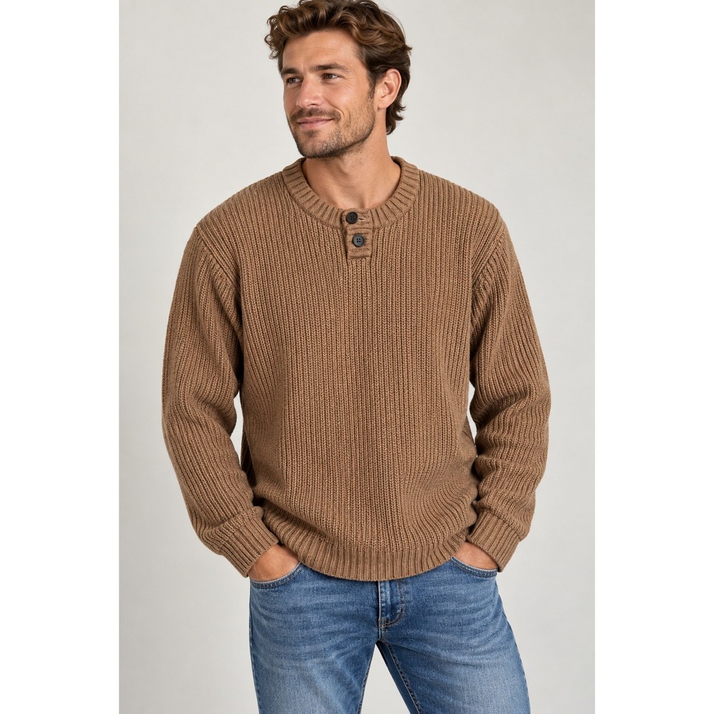 Duluth Trading Co Henley Sweater Mens XL Tall Gorpcore Shaker Knit Cotton Brown